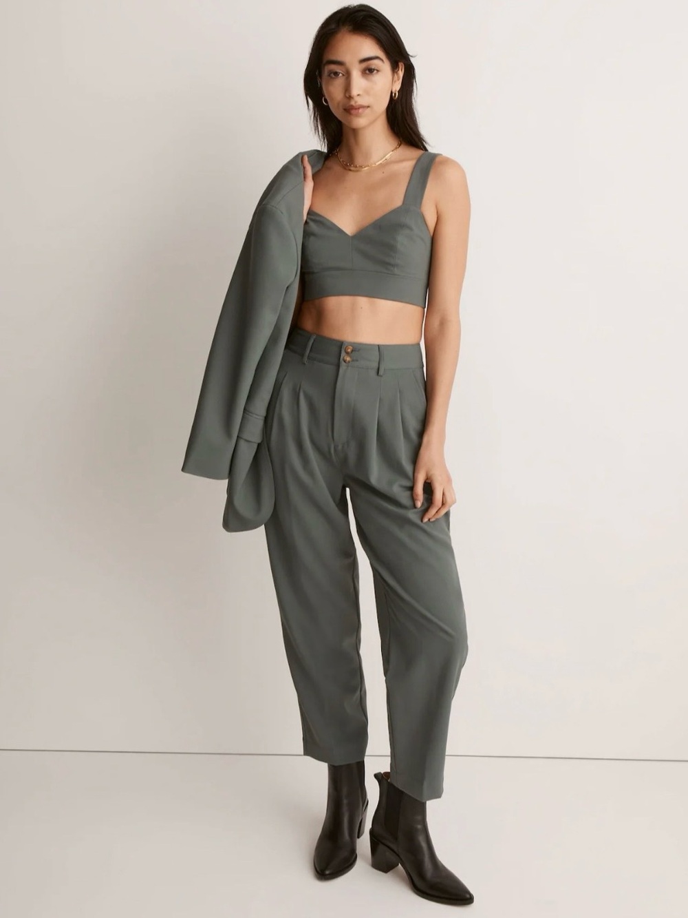NWT Madewell Pleated Tapered Cropped High-Rise Pants, Architect Green, 2